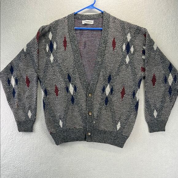 Jantzen Mens Vintage Gray Argyle 3 Button Grandpa Sweater Cardigan Medium USA - Picture 1 of 9